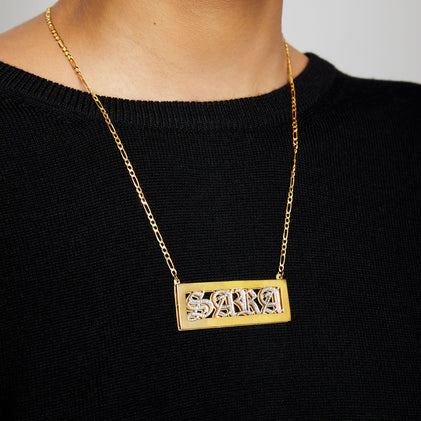 rectangular boxed nameplate necklace with old english letters