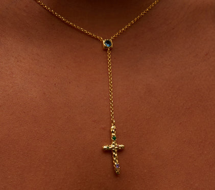 gold drop cross pendant chain necklace with hammered colored stones
