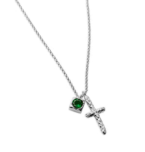 silver cross necklace with green zirconia stone
