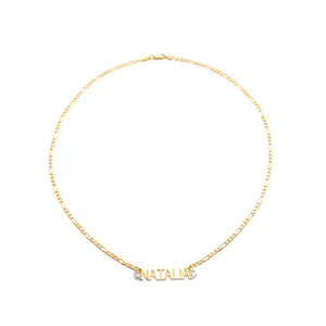 gold flower nameplate necklace with figaro chain