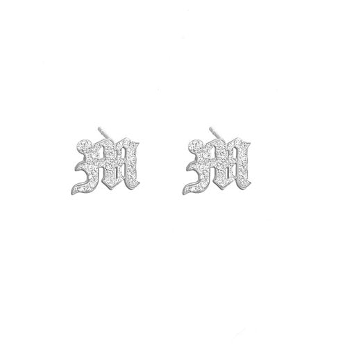 iced out silver gothic initial letter stud earrings