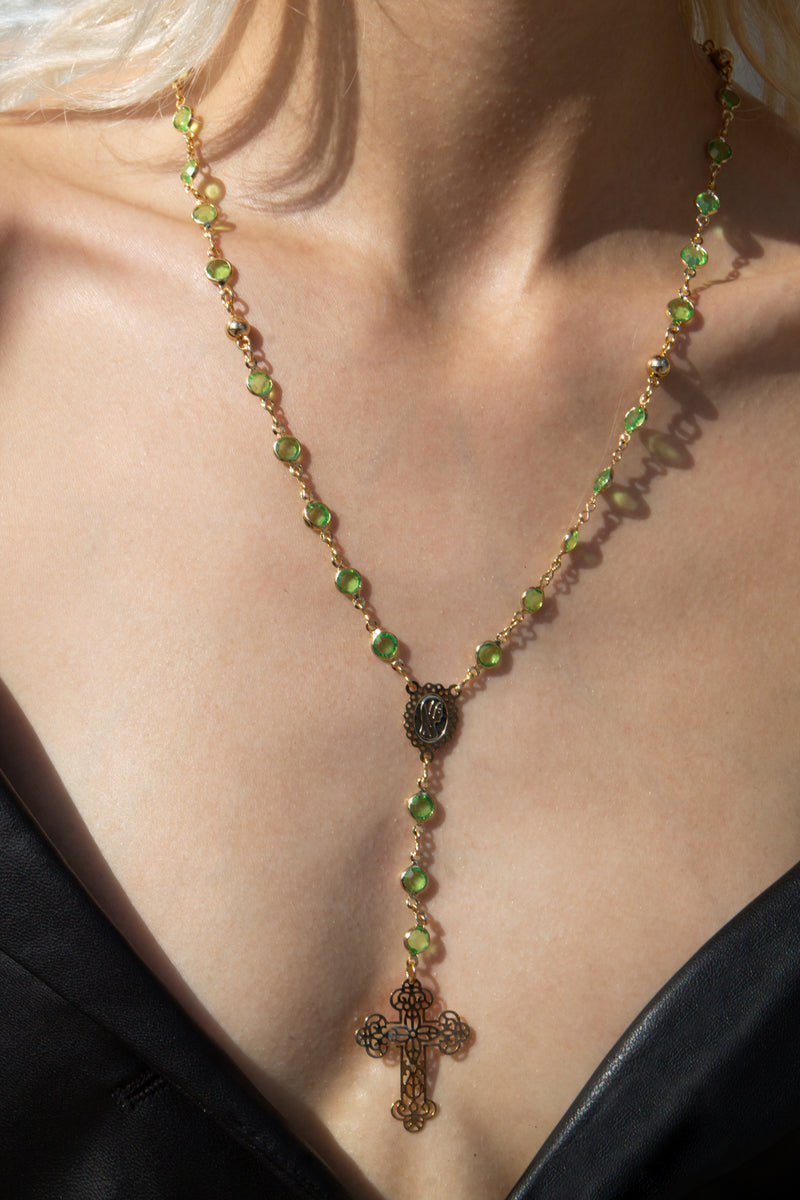 capri green stone rosary cross pendant necklace