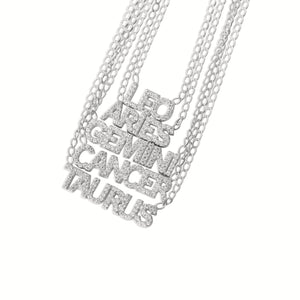 silver iced out zodiac sign name necklace