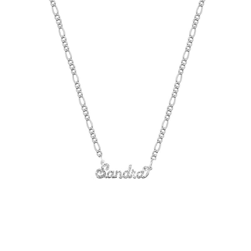 silver figaro chain name necklace