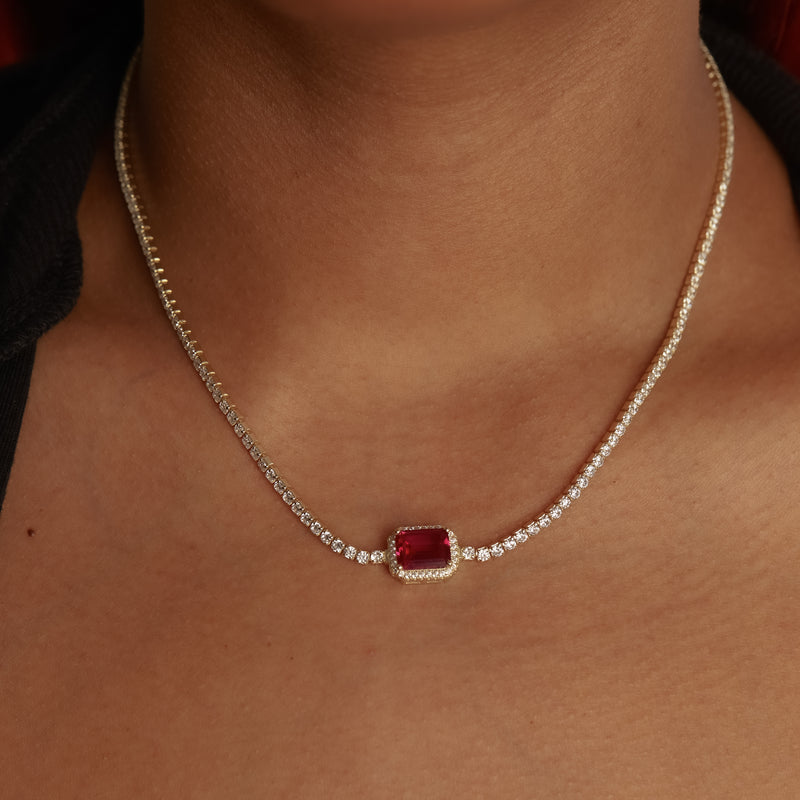 Sterling Silver Engravable Lock Necklace with Gemstone and Ruby Stone