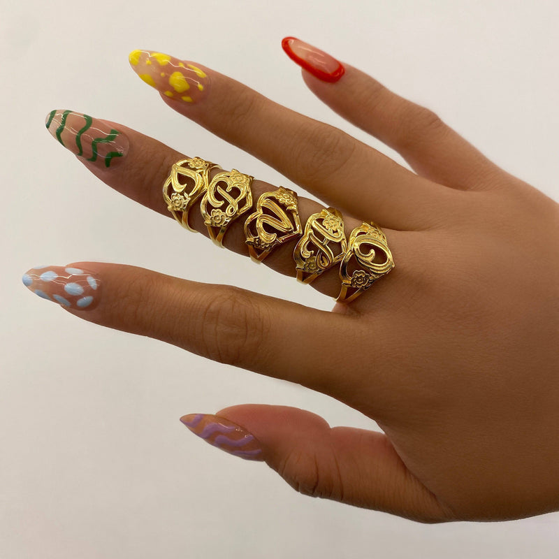 cutout flower heart initial ring