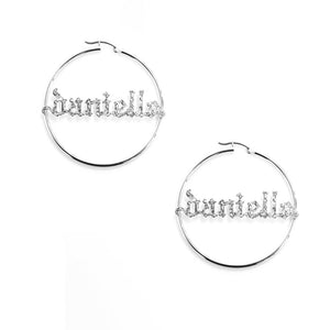 silver iced out gothic name hoop earrings